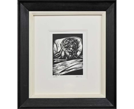 * PETER HOWSON OBE (SCOTTISH b. 1958), SLEEPING MAN woodcut print on paper, signed and numbered 36/40mounted, framed and unde