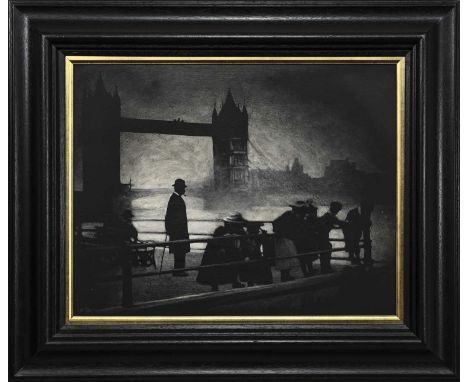 * RYAN MUTTER (SCOTTISH b. 1978), PEOPLE WITH TOWER BRIDGE oil on board, signedframedimage size 46cm x 59cm, overall size 70c