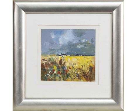 * DOUGLAS PHILLIPS (SCOTTISH 1926 - 2012) THE YELLOW FIELD oil on board, signed, titled label versomounted, framed and under 