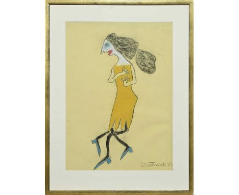 * PAT DOUTHWAITE (SCOTTISH 1939 - 2002), THE YELLOW DRESS pastel on paper, signed and dated '73mounted, framed and under glas