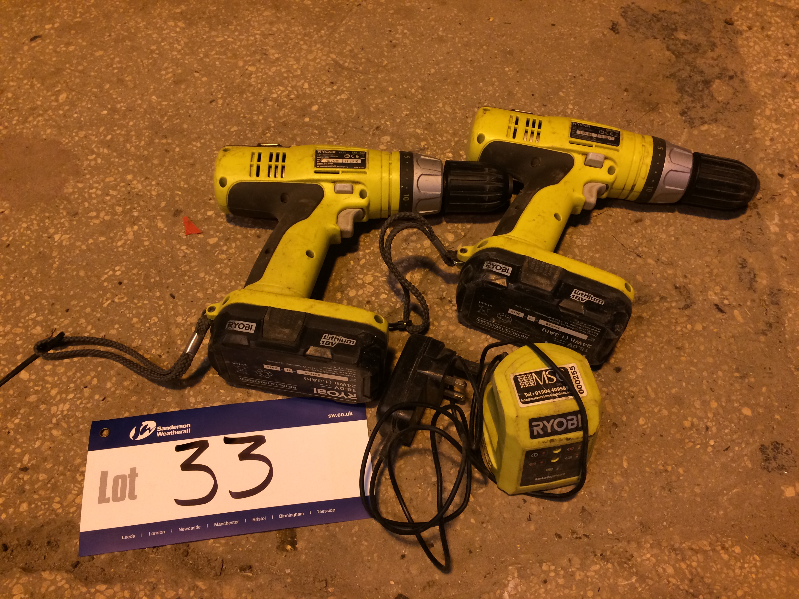 2 x Ryobi CDI1802 18v Cordless Hammer Drills c/w Lithium Batteries & 1