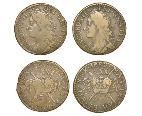 James II (1685-1691), Gunmoney coinage, Halfcrowns (2), both 1689 Feb:, no stop after gratia, 16.52g/12h (Withers 12/20; S 65