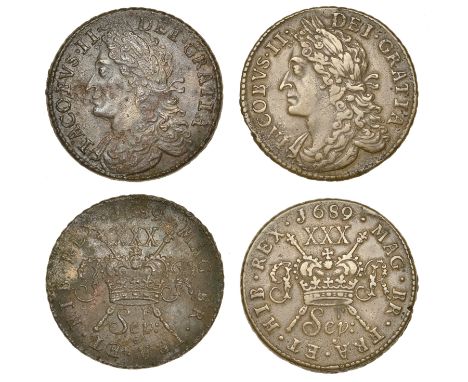 James II (1685-1691), Gunmoney coinage, Halfcrowns (2), both 1689 Sepr:, curved p in month, 14.39g/12h (Withers 23/22), 13.99