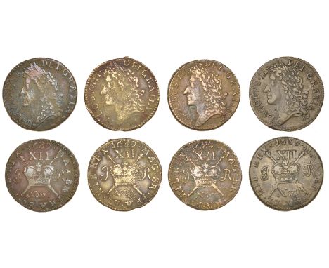 James II (1685-1691), Gunmoney coinage, Shillings (4), all 1689 Nov:, plain R (3), 6.29g/12h (Withers 9/9, this coin illustra