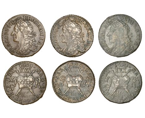 James II (1685-1691), Gunmoney coinage, Halfcrowns (3), all 1690 Mar:, Dublin, 15.61g/12h (Withers 9/10), 14.43g/12h, 11.55g/