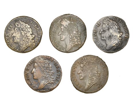 James II (1685-1691), Gunmoney coinage, Shillings (5), all 1689, Jan:, tall thin IR (2), 6.15g/12h, 5.42g/12h (both Withers 3