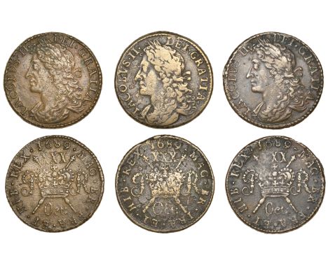 James II (1685-1691), Gunmoney coinage, Halfcrowns (3), all 1689 Oct:, oval o in month, 13.92g/12h, 13.79g/12h (both Withers 