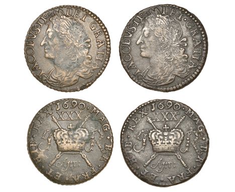 James II (1685-1691), Gunmoney coinage, Halfcrowns (2), both 1690 Apr:, Limerick, curled tail to p in month, 12.85g/12h, 12.4