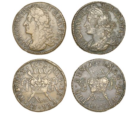 James II (1685-1691), Gunmoney coinage, Halfcrowns (2), both 1689 Nov:, no stop after dei, 14.70g/12h (Withers 11/10; S 6579E