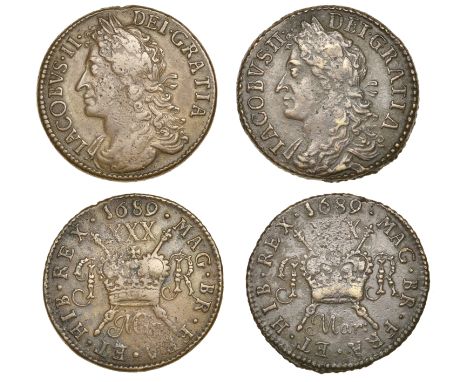 James II (1685-1691), Gunmoney coinage, Halfcrowns (2), both 1689 Mar:, 13.55g/12h (Withers 7/6), 15.22g/12h (Withers 10/10; 
