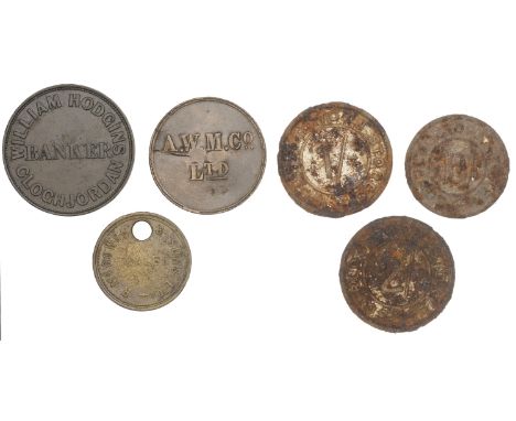 Miscellaneous Tokens and Checks, Co KERRY, Tralee, R. McCowen & Sons Ltd, brass, stamped 6, 25mm; Co MEATH, Scurlogstown, bra