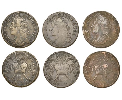 James II (1685-1691), Gunmoney coinage, Halfcrowns (3), all 1690 Mar:, Dublin, 16.17g/12h (Withers 5/6), 13.34g/12h (Withers 