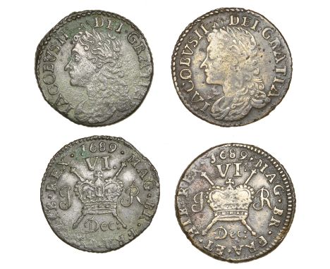 James II (1685-1691), Gunmoney coinage, Sixpences (2), both 1689 Dec:, stop after mark of value, 2.79g/12h (Withers 20/16), 3