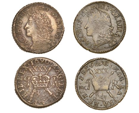 James II (1685-1691), Gunmoney coinage, Halfcrowns (2), both 1690 July, Limerick, 9.24g/12h (Withers 1/7), 11.62g/12h (Wither