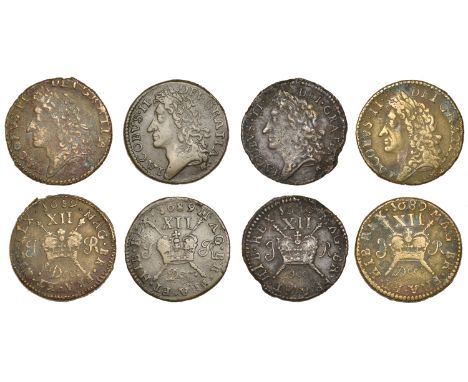 James II (1685-1691), Gunmoney coinage, Shillings (4), all 1689 Dec:, plain R (3), 6.88g/12h (Withers 26/26), 5.73g/12h (With