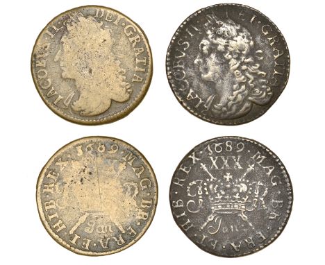 James II (1685-1691), Gunmoney coinage, Halfcrowns (2), both 1689 Jan, no stop after month, open-topped J, 11.97g/12h (Wither