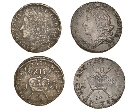 James II (1685-1691), Gunmoney coinage, Shillings (2), both 1689 10r, portrait 2, 7.38g/12h (Withers 43/45), portrait 3, 5.55