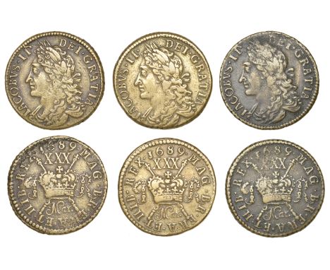 James II (1685-1691), Gunmoney coinage, Halfcrowns (3), all 1689 Mar., 14.12g/12h, 13.81g/12h, 12.82g/12h (all Withers 5/4; S