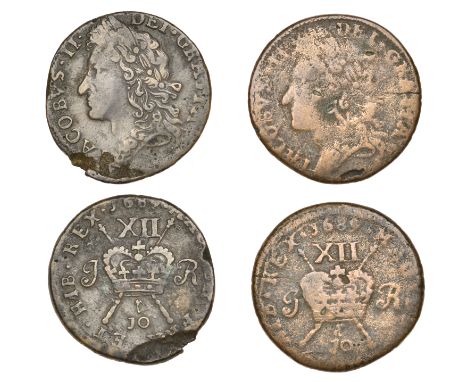 James II (1685-1691), Gunmoney coinage, Shillings (2), both 1689 10r, portrait 3, 5.42g/12h (Withers 50/49), 7.12g/12h (Withe