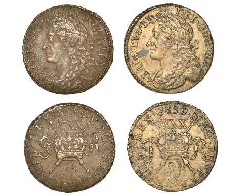 James II (1685-1691), Gunmoney coinage, Halfcrowns (2), both 1689 Sepr, curved p in month, no punctuation, 15.13g/12h (Wither