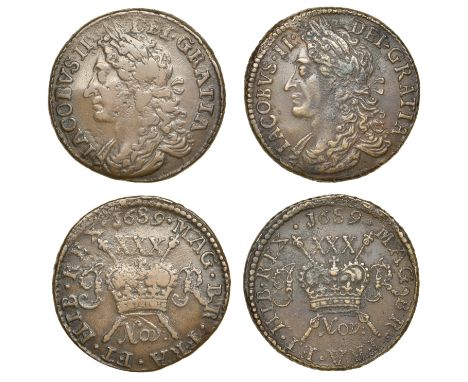 James II (1685-1691), Gunmoney coinage, Halfcrowns (2), both 1689 Nov:, 15.75g/12h (Withers 4/4), 13.12g/12h (Withers 8/7; S 