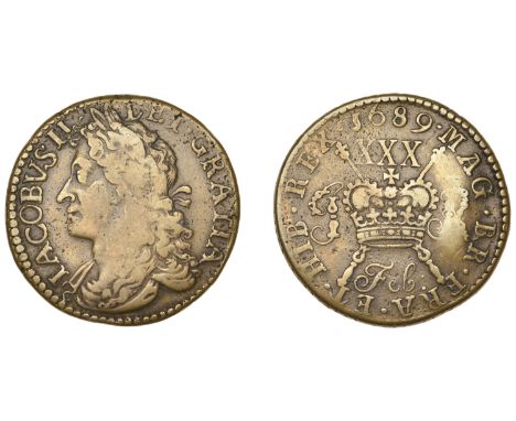 James II (1685-1691), Gunmoney coinage, Halfcrown, 1689 Feb:, no stop either side of ii, 13.28g/12h (Withers 6/7; S 6579H2). 