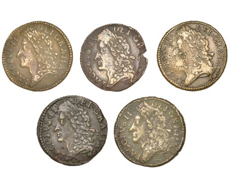James II (1685-1691), Gunmoney coinage, Shillings (5), 1689 Dec (2), plain R, 6.68g/12h, 6.43g/12h (both Withers 2/2), Dec: (