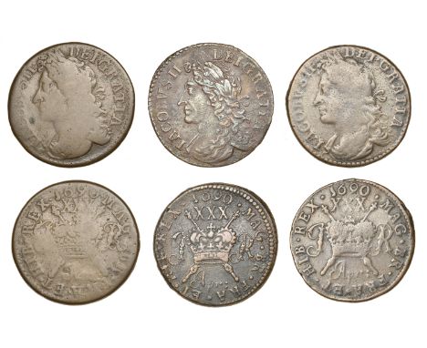 James II (1685-1691), Gunmoney coinage, Halfcrowns (3), all 1690 Dublin Apr:, large size, 14.89g/12h (Withers 4/3), 15.22g/12