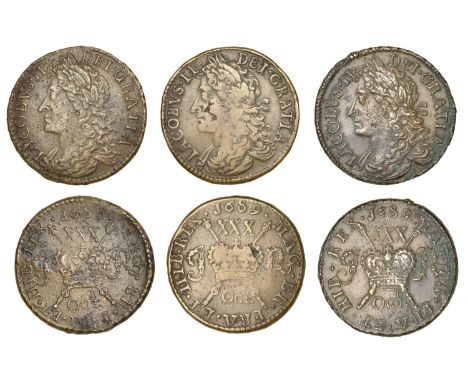 James II (1685-1691), Gunmoney coinage, Halfcrowns (3), all 1689, Oct.r., round O, 13.23g/12h (Withers 11/30), Oct.r, small r