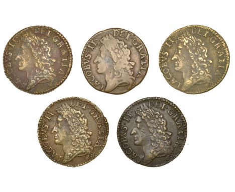 James II (1685-1691), Gunmoney coinage, Shillings (5), all 1689 Dec:, plain R, 6.78g/12h, 6.30g/12h, 6.18g/12h, 6.00g/12h, 5.