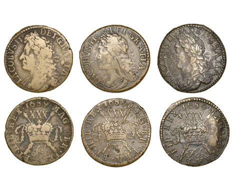 James II (1685-1691), Gunmoney coinage, Halfcrowns (3), 1689 Feb., 13.23g/12h (Withers 2/3), Feb: (2), 14.53g/12h (Withers 3/