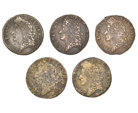 James II (1685-1691), Gunmoney coinage, Shillings (5), 1689 Nov:, plain R, 5.34g/12h (Withers 28/30), R with loop around upri