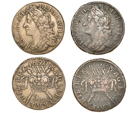 James II (1685-1691), Gunmoney coinage, Halfcrowns (2), both 1690 Dublin, Apr., 15.62g/12h (Withers 3/2), Apr:, large size, 1