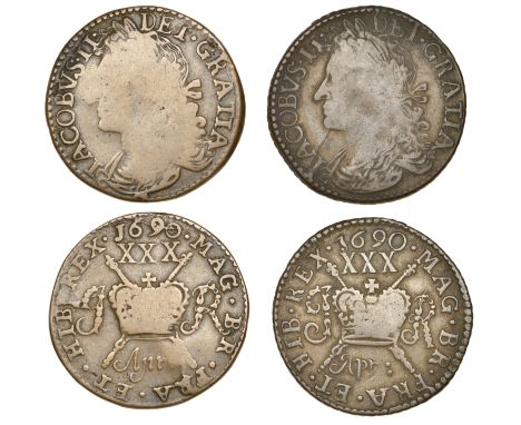 James II (1685-1691), Gunmoney coinage, Halfcrowns (2), both 1690 Apr:, Limerick, straight p in month, 10.24g/12h (Withers 11