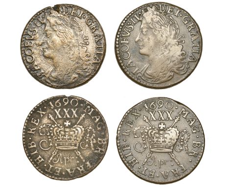 James II (1685-1691), Gunmoney coinage, Halfcrowns (2), both 1690 Apr:, Limerick, straight p in month, 14.45g/12h, 12.88g/12h
