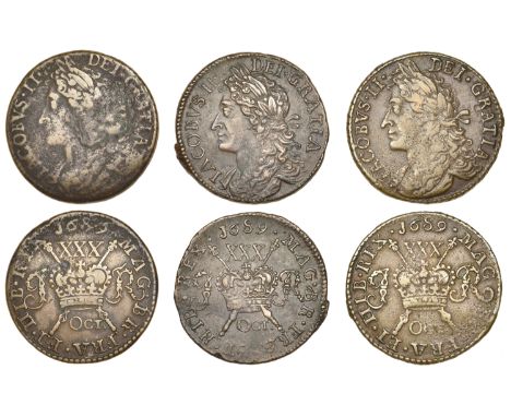 James II (1685-1691), Gunmoney coinage, Halfcrowns (3), all 1689 Oct., 14.04g/12h (Withers 27/24; S 6579D), no stop after mag