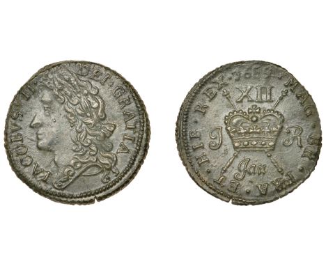 James II (1685-1691), Gunmoney coinage, Shilling, 1689 Jan, portrait 2, pearls on crown arches, 6.22g/12h (Withers 47/48; S 6