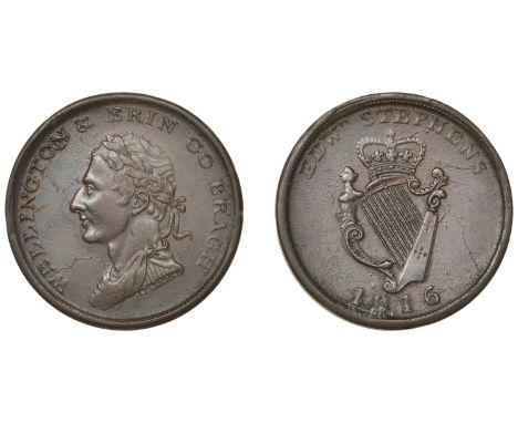 19th Century Tokens, Co DUBLIN, Dublin, Edward Stephens, Penny, 1816, bust of Duke of Wellington left, rev. crowned harp with