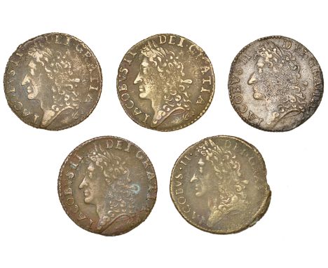 James II (1685-1691), Gunmoney coinage, Shillings (5), all 1689 Dec:, plain R, 5.44g/12h (Withers 20/19), 6.75g/12h (Withers 