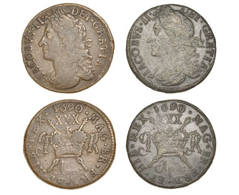 James II (1685-1691), Gunmoney coinage, Halfcrowns (2), both 1690 Dublin Apr:, large size, 14.98g/12h (Withers Mar90 2/10, re