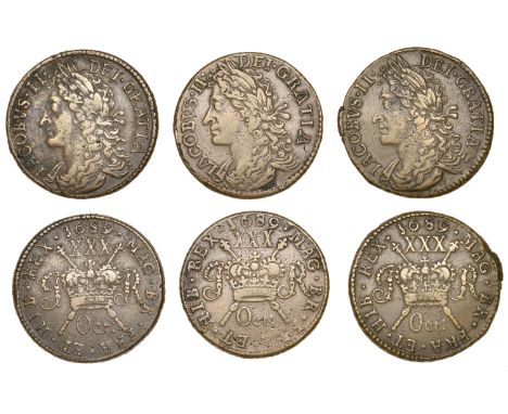 James II (1685-1691), Gunmoney coinage, Halfcrowns (3), all 1689 Oct:, oval o in month, 14.50g/12h (Withers 15/13), 16.82g/12