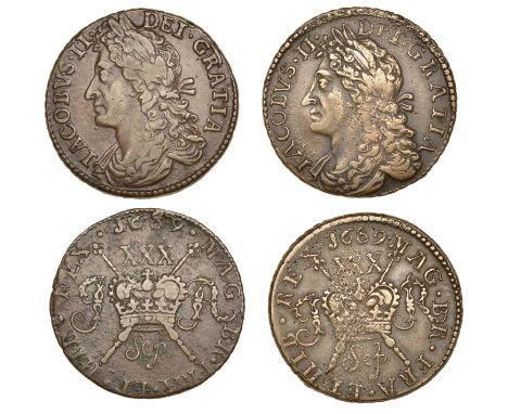 James II (1685-1691), Gunmoney coinage, Halfcrowns (2), both 1689 Sepr, curved p in month, no punctuation, 13.82g/12h (Wither