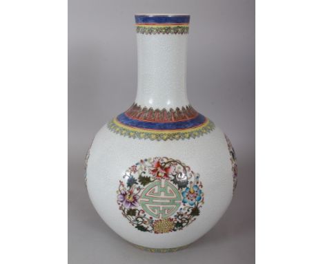 A LARGE CHINESE FAMILLE ROSE &amp; BIANCO-SOPRA-BIANCO PORCELAIN BOTTLE VASE, decorated with repeated Shou &amp; floral round