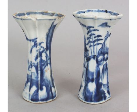 A SMALL PAIR OF CHINESE KANGXI PERIOD BLUE &amp; WHITE PORCELAIN BEAKER VASES, circa 1700, of barbed quatrefoil section, each