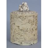 A GOOD QUALITY JAPANESE MEIJI PERIOD IVORY TUSK VASE & COVER, weighing approx. 665gm, the sides well