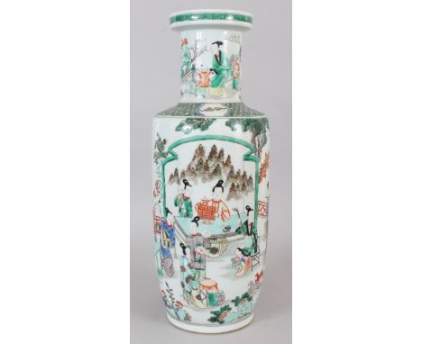 A LARGE CHINESE KANGXI STYLE FAMILLE VERTE PORCELAIN ROULEAU VASE, decorated with a continuous scene of lady musicians in a f