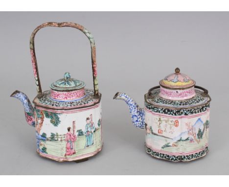 TWO 18TH CENTURY CHINESE CANTON ENAMEL EWERS &amp; COVERS, each of hexagonal section with indented corners, one with an overh