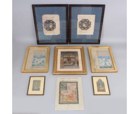 Eight Mughal Style Paintings, India, 20th century, gouache with ink, mostly painted on older manuscript folios, seven in fram