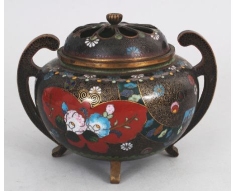 A SIGNED JAPANESE MEIJI PERIOD CLOISONNE TRIPOD KORO &amp; COVER, the base with a maker’s mark, the sides with two scroll han