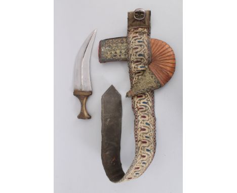 A South Arabian Dagger (Khanjar), 20th century, with wide curved blade, horn hilt and leather and brass scabbard and embroide